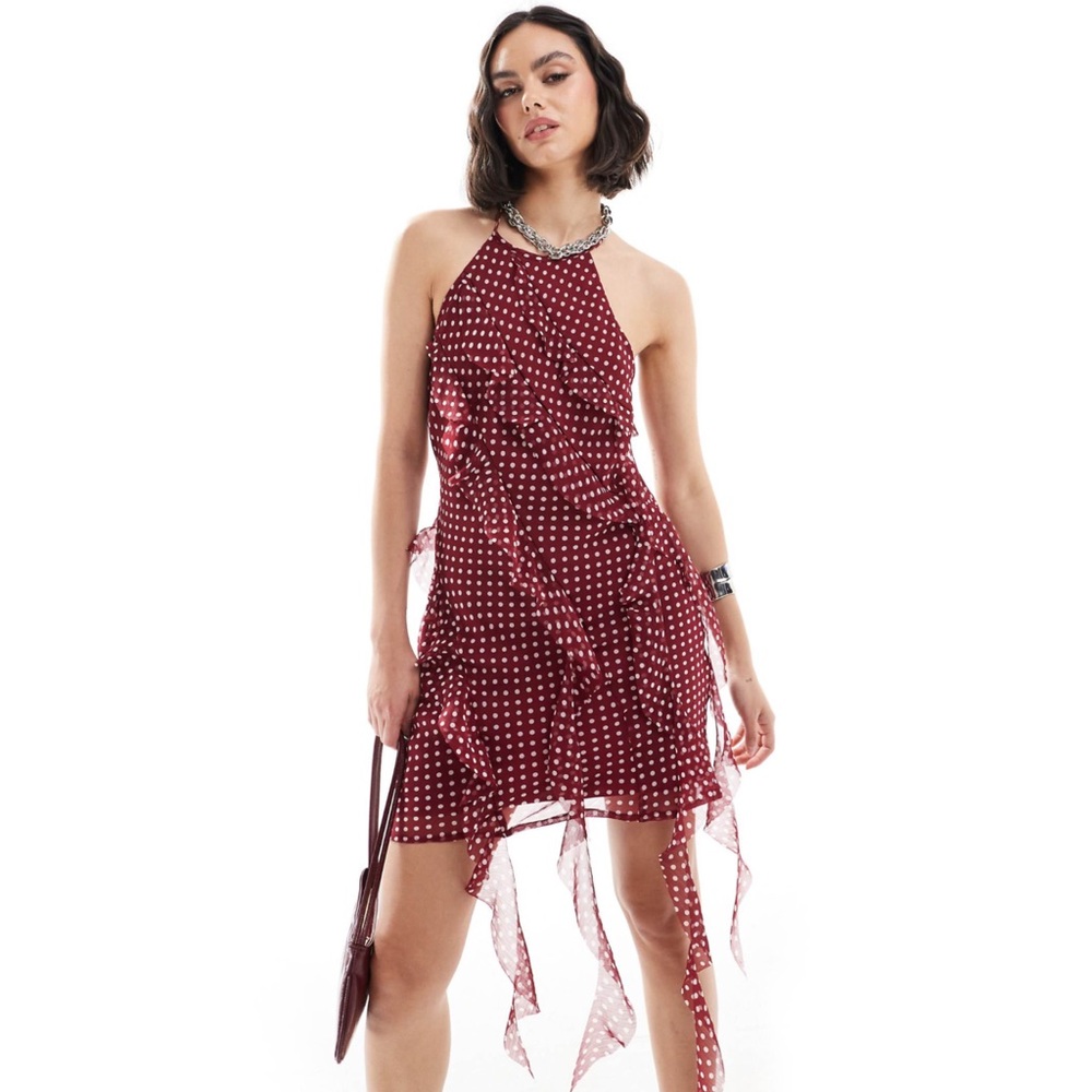 ASOS DESIGN red polka dot asymmetric frill detail mini dress in rust spot